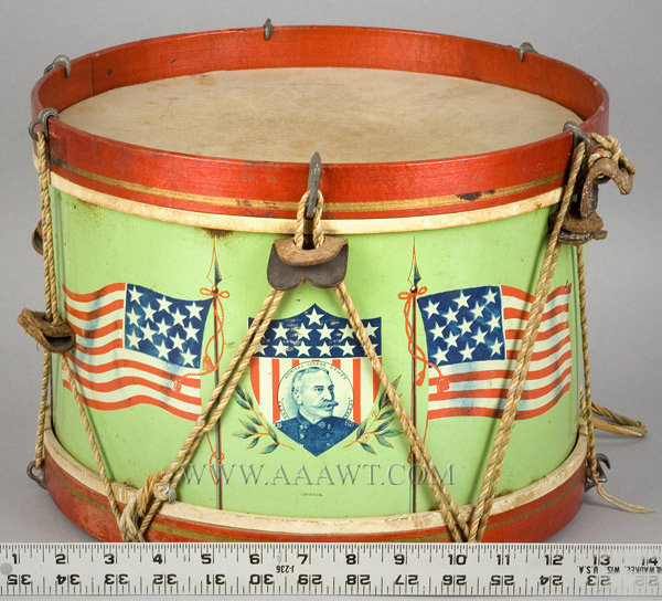 Drum, Lithographed Tin Drum, Portraits of Admiral Dewey, American Flags
Converse
Circa 1898, scale view